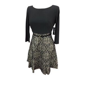 Jessica Howard Black Damask Fit and Flare Dress 3/4 Sleeve Belted Size 16 NWT